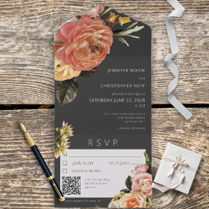 Modern Peach Mimosa Floral Black QR Code All In One Invitation