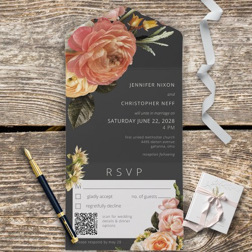 Modern Peach Mimosa Floral Black QR Code All In One Invitation