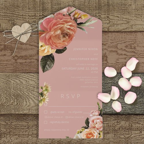 Modern Peach Mimosa Floral Pink Dinner All In One Invitation