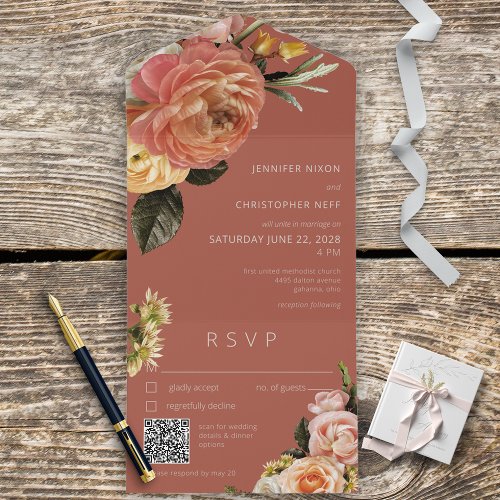 Modern Peach Mimosa Floral Rust QR Code All In One Invitation
