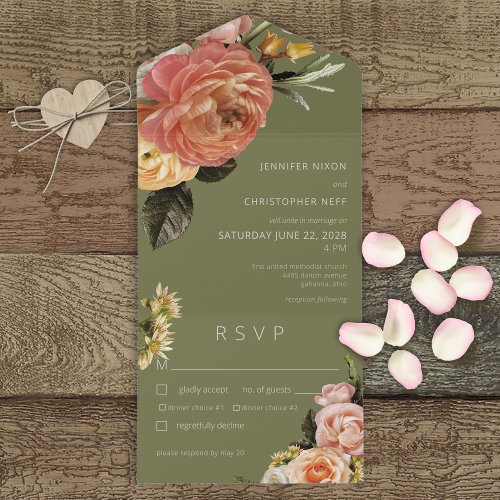 Modern Peach Mimosa Floral Sage Green Dinner All In One Invitation