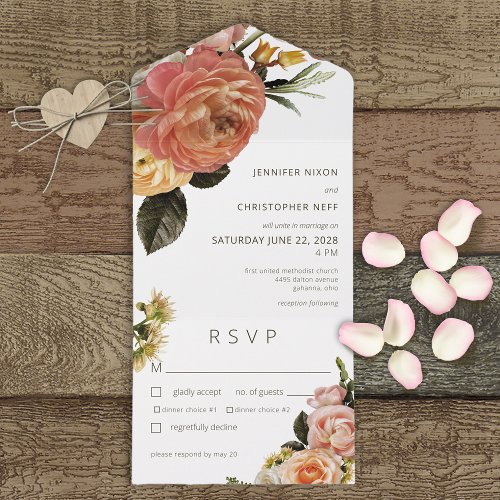 Modern Peach Mimosa Floral White Dinner All In One Invitation