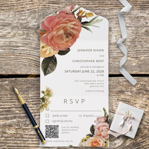 Modern Peach Mimosa Floral White QR Code All In One Invitation