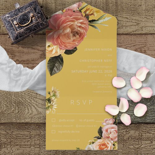 Modern Peach Mimosa Floral Yellow Dinner All In One Invitation