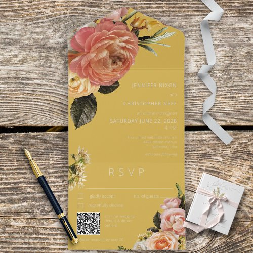 Modern Peach Mimosa Floral Yellow QR Code All In One Invitation