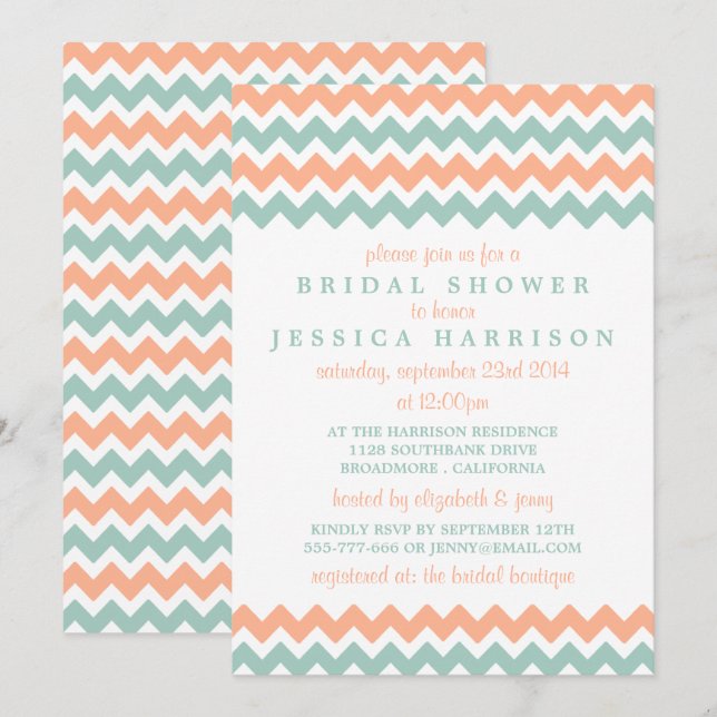 Modern Peach & Mint Chevron Bridal Shower Invitation (Front/Back)