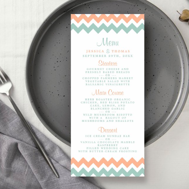 Modern Peach & Mint Chevron Wedding Menu (Creator Uploaded)