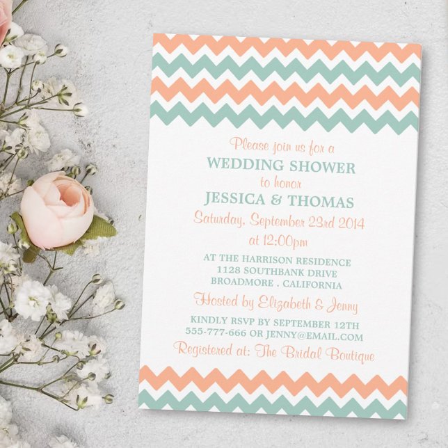Modern Peach & Mint Chevron Wedding Shower Invitation (Creator Uploaded)