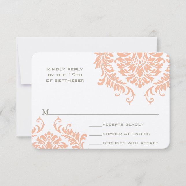 Modern Peach Mushroom Damask Wedding RSVP (Front)