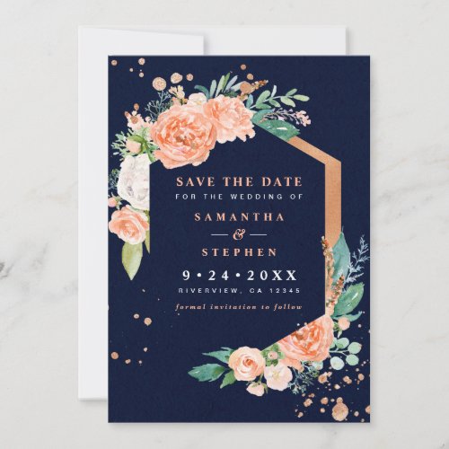 Modern Peach Navy Copper Floral Watercolor Photo Save The Date