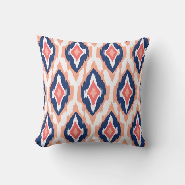 Modern peach navy coral Ikat Tribal Pattern 1a Outdoor Pillow (Front)