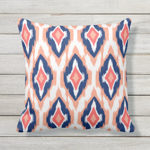 Modern peach navy coral Ikat Tribal Pattern 1a Outdoor Pillow