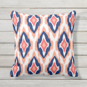 Modern peach navy coral Ikat Tribal Pattern 1a Outdoor Pillow