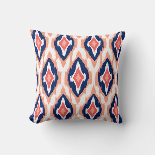 Modern peach navy coral Ikat Tribal Pattern 1a Throw Pillow