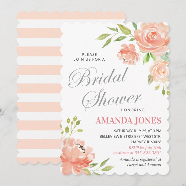 Modern Peach Peony Floral Bridal Shower Elegant Invitation (Front/Back)