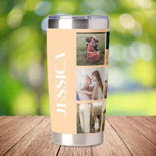 Modern Peach Photo Collage Personalized Name Insulated Tumbler
