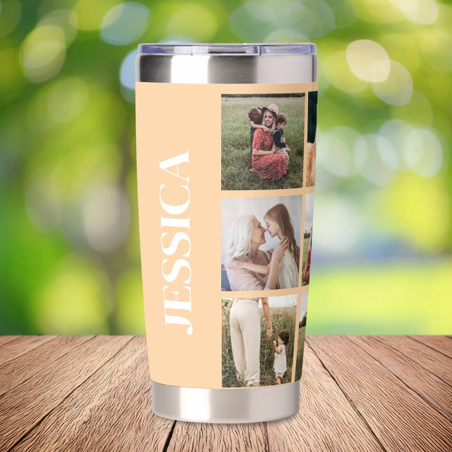 Modern Peach Photo Collage Personalized Name Insulated Tumbler (Creator Uploaded)