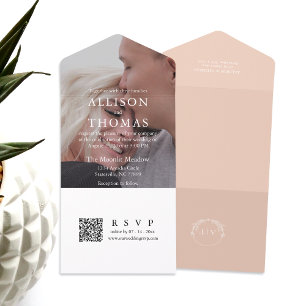 Modern Peach Photo QR Code Monogram Wedding All In One Invitation