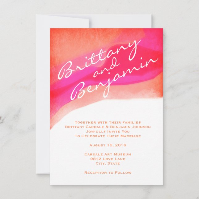 Modern Peach Pink Art Splash Wedding Invitations (Front)