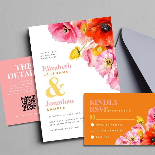 Modern Peach Pink Orange Yellow Poppies Wedding Invitation