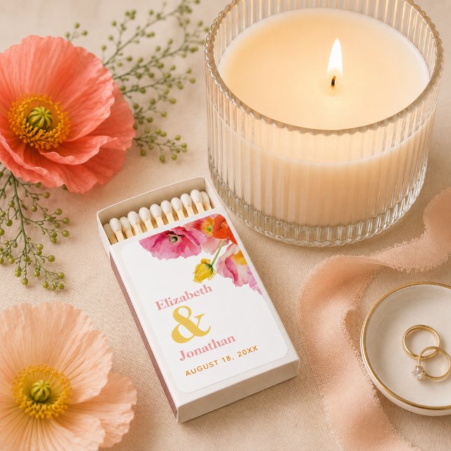 Modern Peach Pink Orange Yellow Poppies Wedding Matchboxes (Modern Peach Pink Orange Yellow Poppies Wedding Matchboxes)