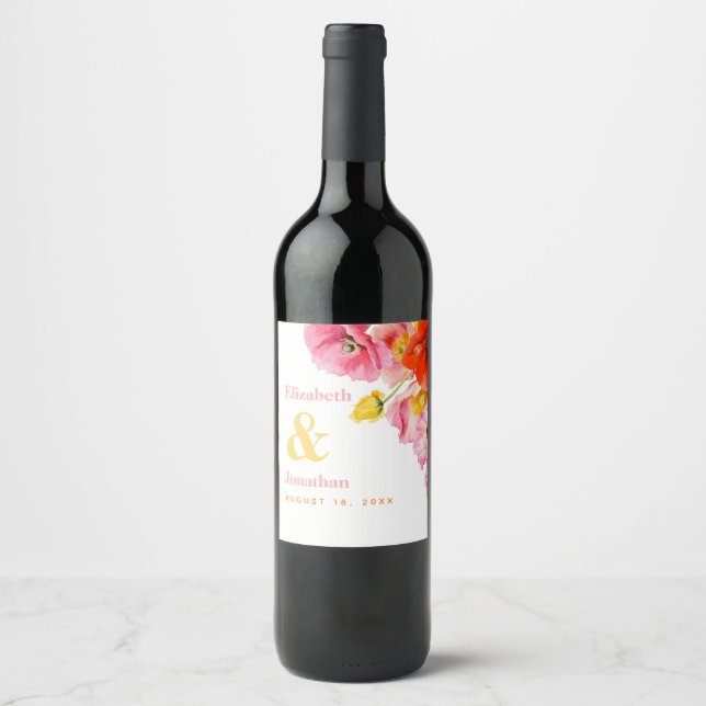 Modern Peach Pink Orange Yellow Poppies Wedding Wine Label (Front)