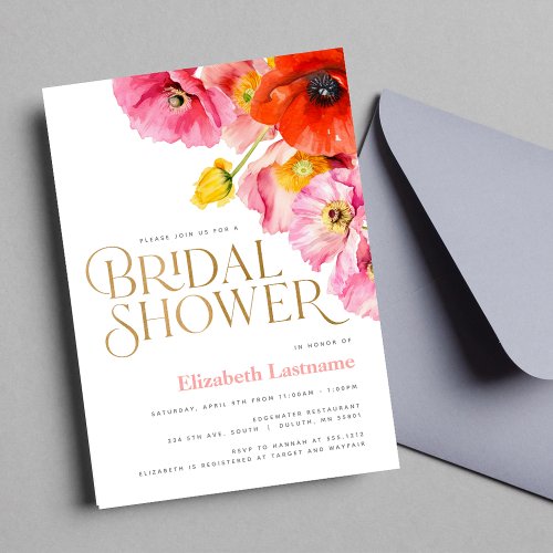 Modern Peach Pink Yellow Poppies Bridal Shower Invitation