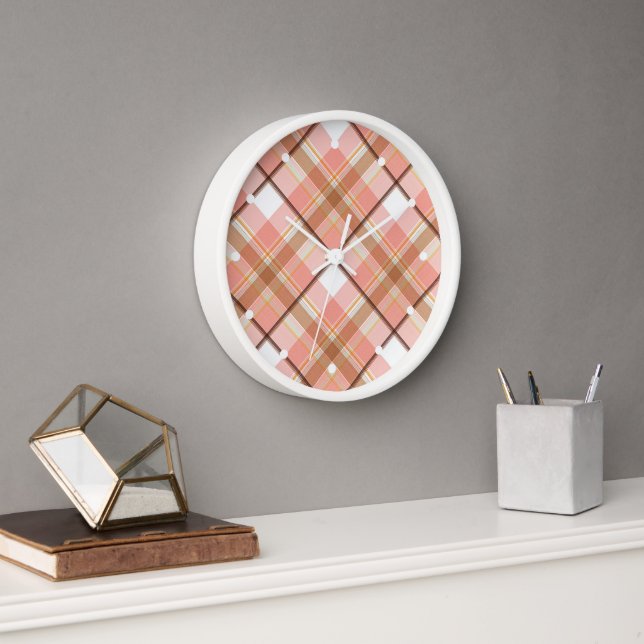 Modern Peach Red Orange White Brown Plaid Pattern Clock (Office)