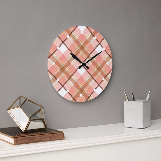 Modern Peach Red Orange White Brown Plaid Pattern Large Clock (Office)