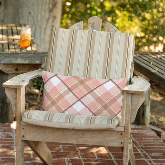 Modern Peach Red Orange White Brown Plaid Pattern Lumbar Pillow (Chair)