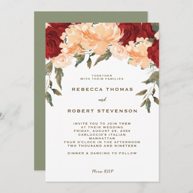 modern peach red roses wedding invitation (Front/Back)