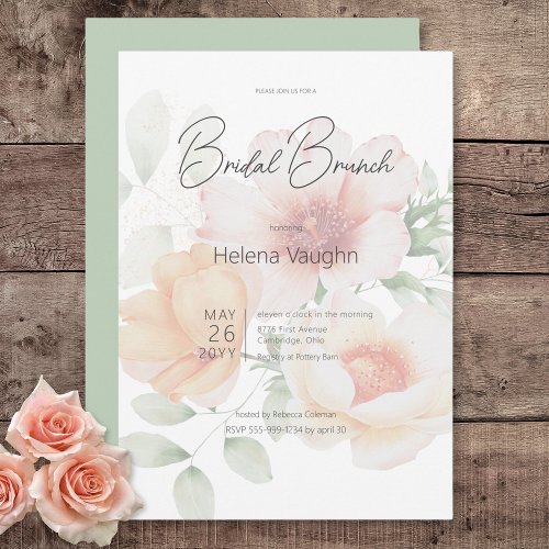 Modern Peach  Sage Green Flowers Bridal Brunch Invitation