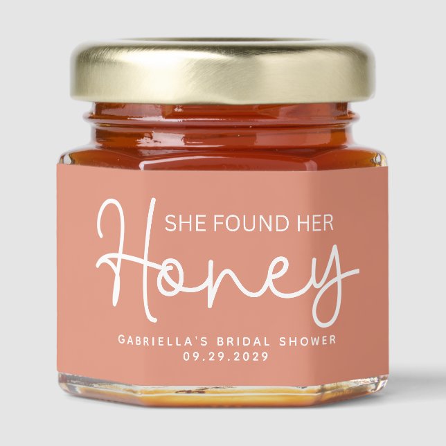 Modern Peach She Found Her Honey Script Jar Favors (Front)