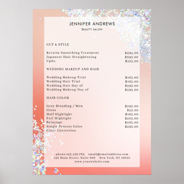 Modern Peach Silver Glitter Salon Price List Flyer Poster (Front)