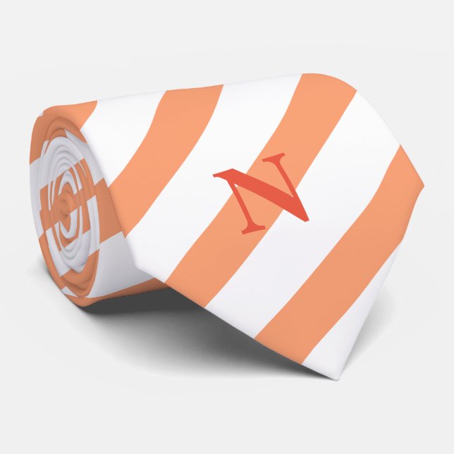 modern peach stripes orange monogram  neck tie (Rolled)