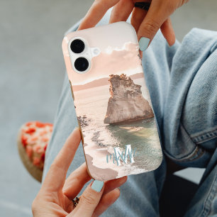 Modern Peach Sunset Beach Photo Monogram M Name iPhone 17 Case