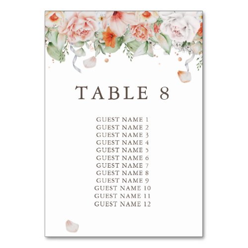 Modern Peach Watercolor Floral  Guest Names Table Number