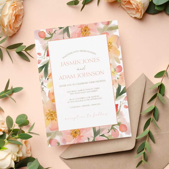 Modern Peach Watercolor Floral Wedding Invitation (Creator Uploaded)