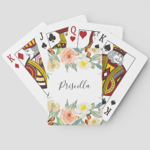 Modern Peach Watercolor Flowers With Name Poker Cards