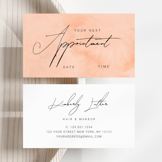 Modern peach watercolor makeup & hair appointment card (Creator Uploaded)