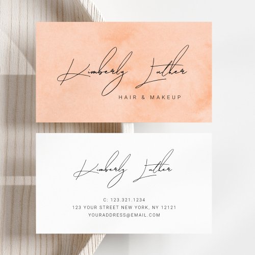 Modern peach watercolor makeup  hair business card