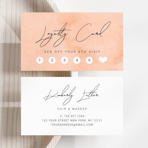 Modern peach watercolor makeup  hair loyalty card