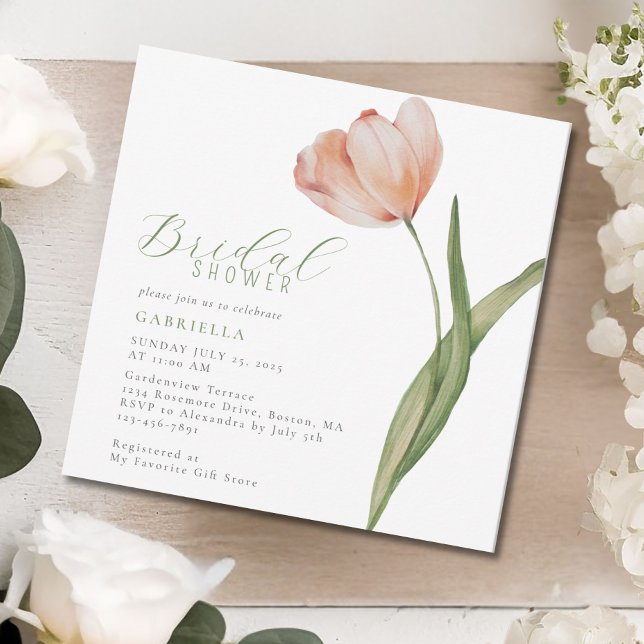 Modern Peach Watercolor Tulip Green Bridal Shower Invitation (Creator Uploaded)