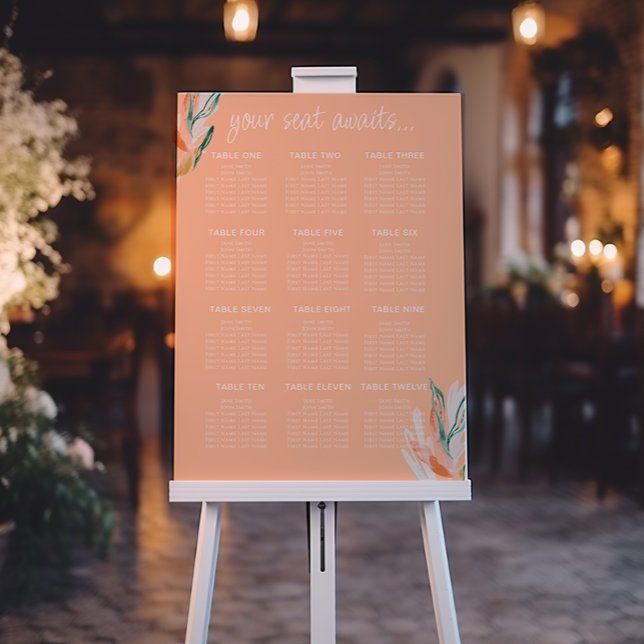 Modern Peach Wedding 12 Table Seating Chart Sign (Creator Uploaded)