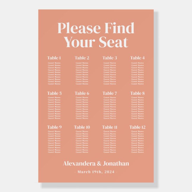 Modern Peach Wedding Seating Chart Foam Board (Front)