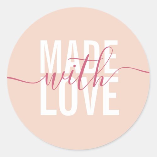 Modern peach white script made with love packaging classic round sticker