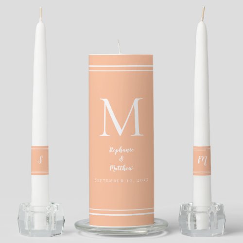 Modern Peach White Wedding Ceremony Bride Groom Unity Candle Set