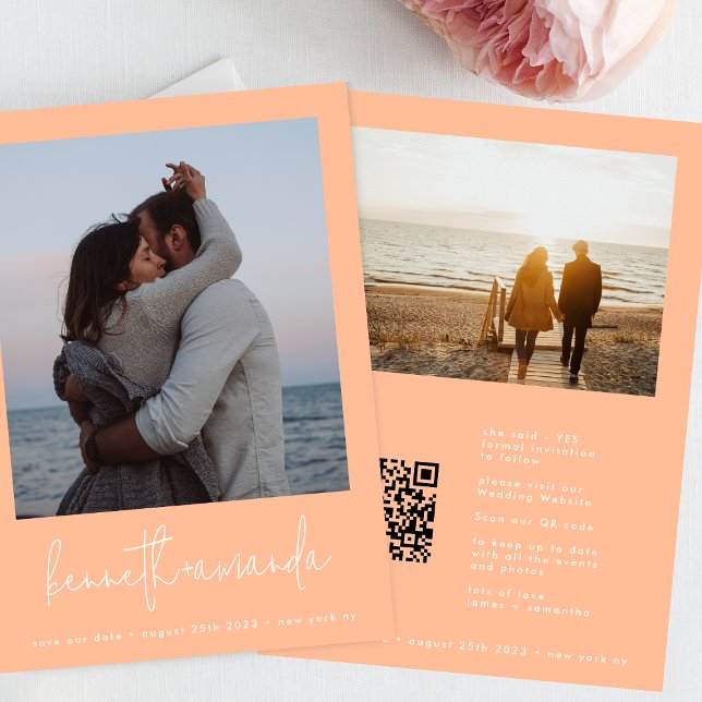 Modern Peachy Coral Photo Names Qr Code Wedding Save The Date (Creator Uploaded)