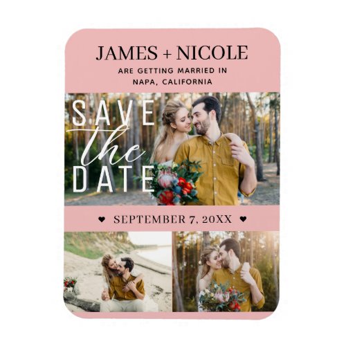 Modern Peachy Pink Save the Date Wedding 3 Photos Magnet