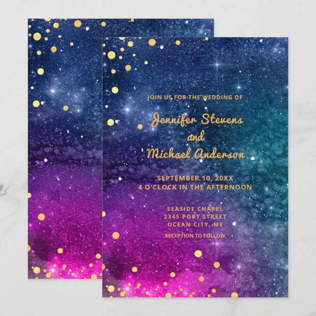Modern Peacock Blue Gold Watercolor Wedding Invitation (Front/Back)